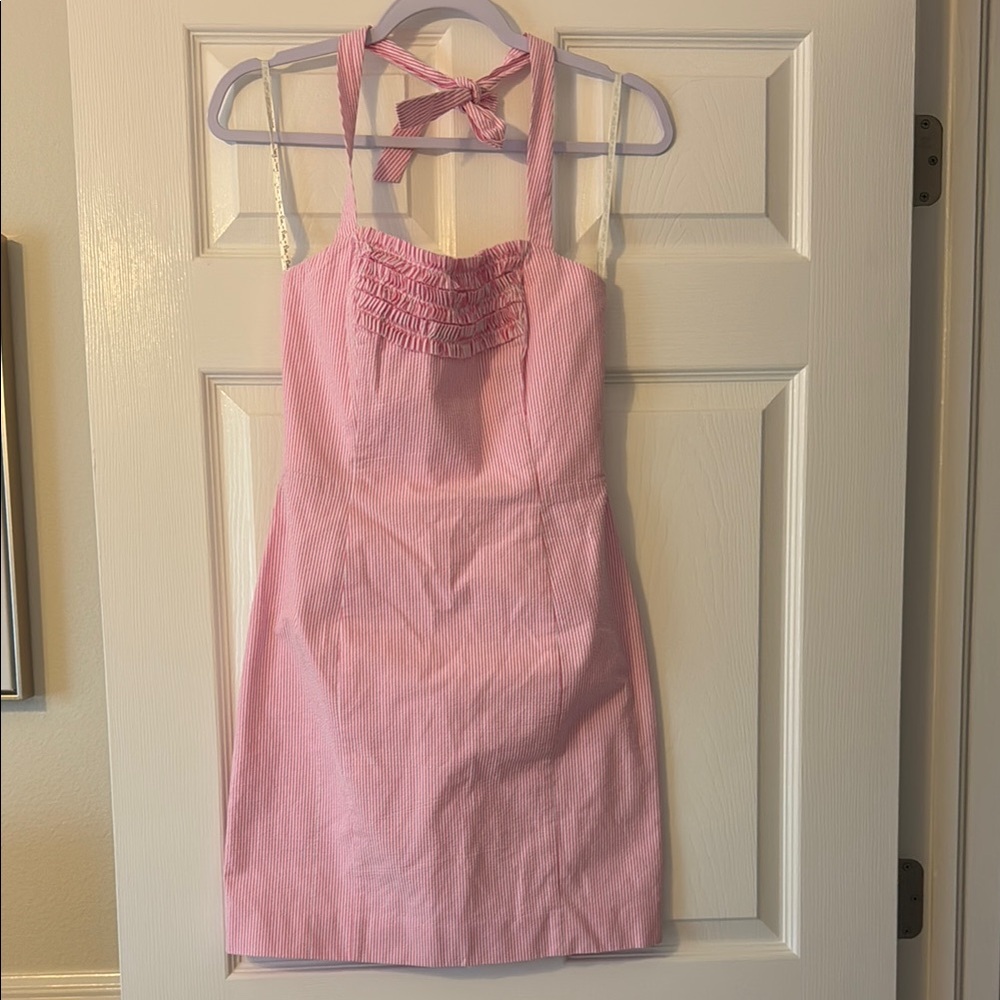 Adorable Lilly Pulitzer Pink Seersucker Halter Dress with Ruffle Detail